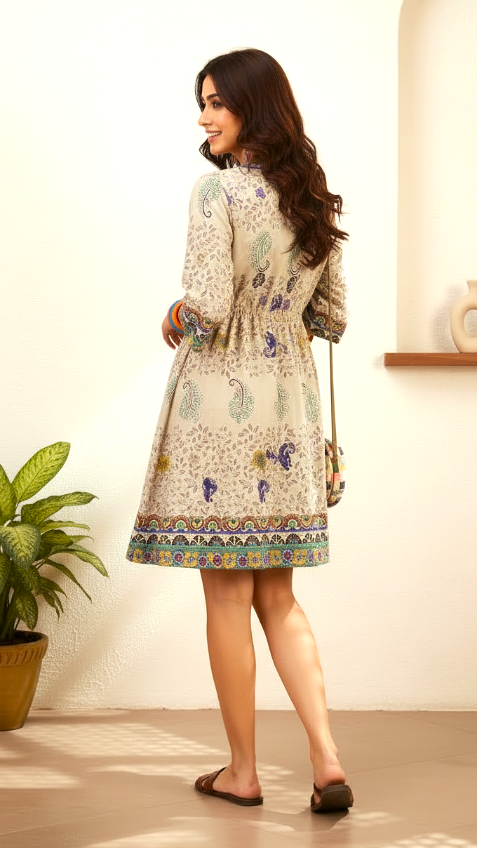 Daylist Earthy Boho-Chic Tiered Mini Dress – Floral & Paisley Print with Tassel Detailing