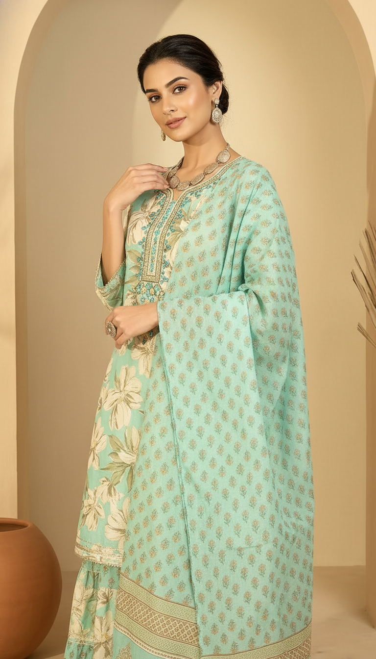 Daylist.in Mint Green Floral Printed Tiered Sharara Set with Embroidered Yoke – 3 Piece Festive Suit