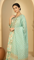 Daylist.in Mint Green Floral Printed Tiered Sharara Set with Embroidered Yoke – 3 Piece Festive Suit