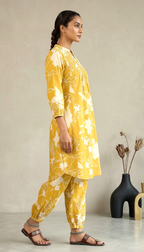 Mustard Yellow Floral Printed Kurta Set with Gathered Yoke & Tapered Pants