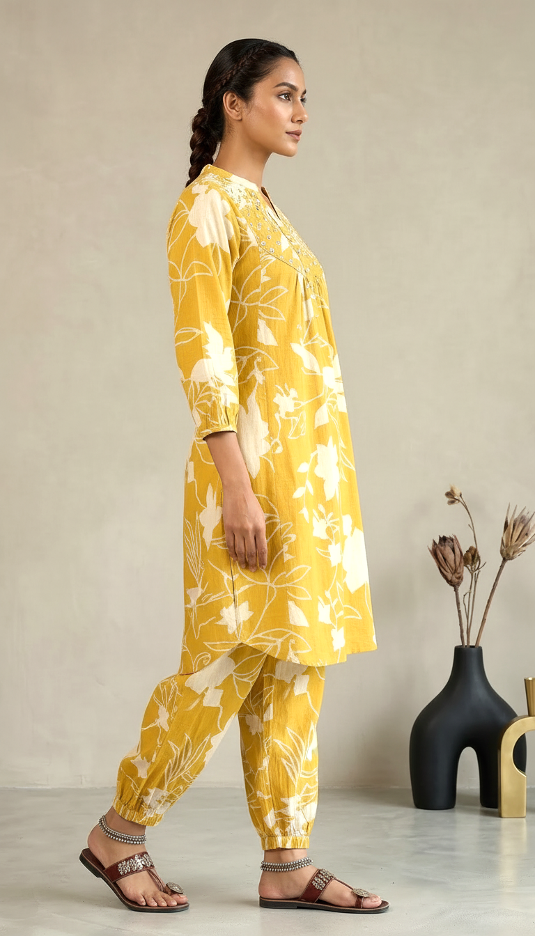 Mustard Yellow Floral Printed Kurta Set with Gathered Yoke & Tapered Pants