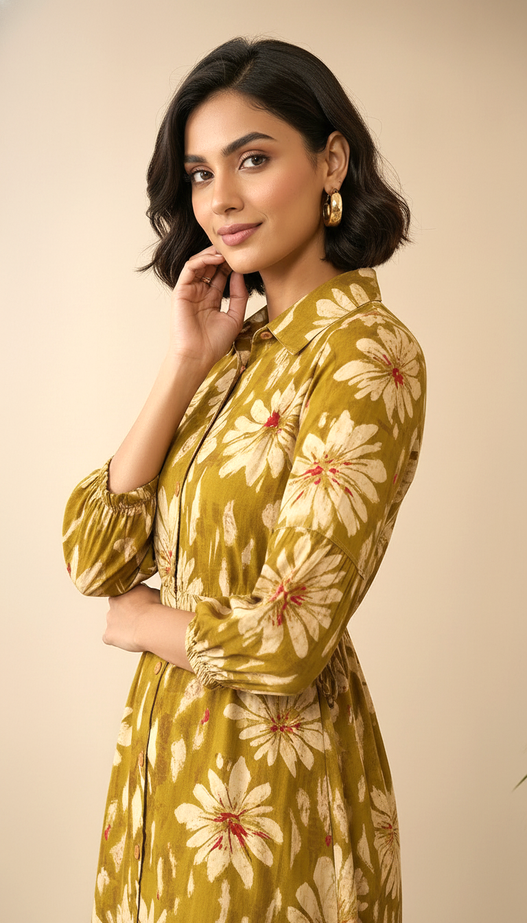 Women Olive Floral Printed Shirt Collar Midi Dress with Gathered Waist | Daylist