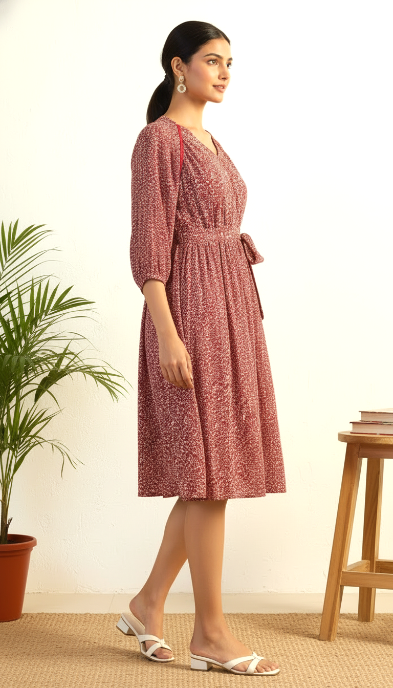 Crimson Ditsy Print Midi Dress | Women's Fit & Flare | Daylist.in