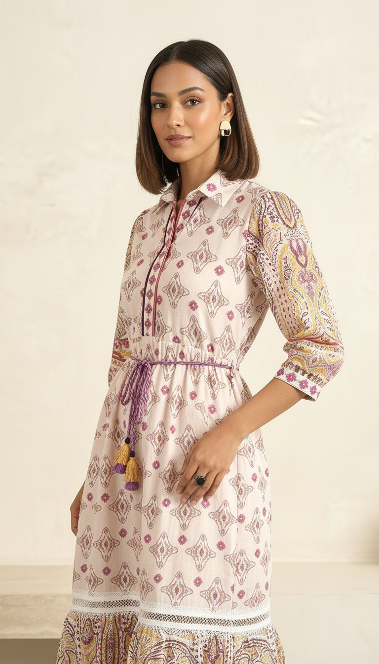 Boho Paisley Printed Midi Dress with Tassel Tie-Up | Women’s Ethnic Day Dress