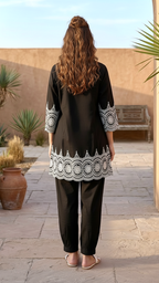Daylist Midnight Noir Embroidered Co-ord Set – Black Pin-tuck Tunic with Scalloped Borders