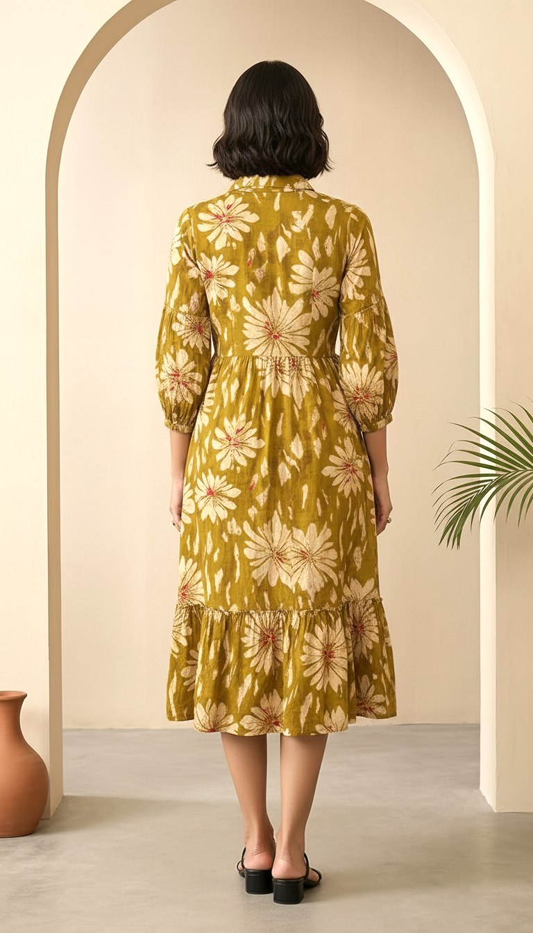 Women Olive Floral Printed Shirt Collar Midi Dress with Gathered Waist | Daylist