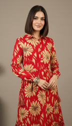 Crimson Red Sunflower Print Tiered Shirt Dress | Daylist.in