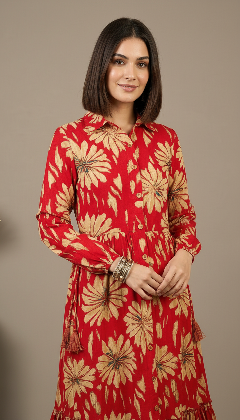 Crimson Red Sunflower Print Tiered Shirt Dress | Daylist.in