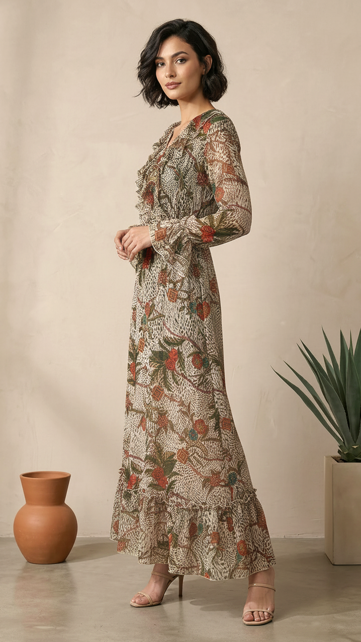 Beige Floral Print Maxi Dress for Women | Ruffle Detail Dress | Daylist India