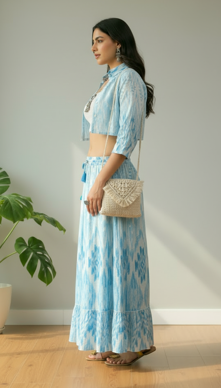 Sky Blue Ikat Print Cropped Shirt & Maxi Skirt Co-ord | Daylist.in