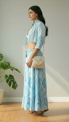 Sky Blue Ikat Print Cropped Shirt & Maxi Skirt Co-ord | Daylist.in