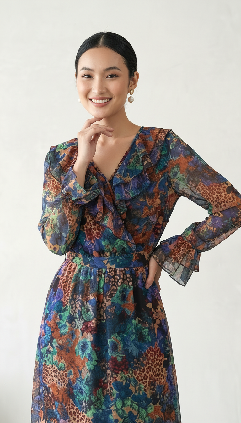 Women Multicolor Printed Maxi Dress with Ruffle Neck | Daylist