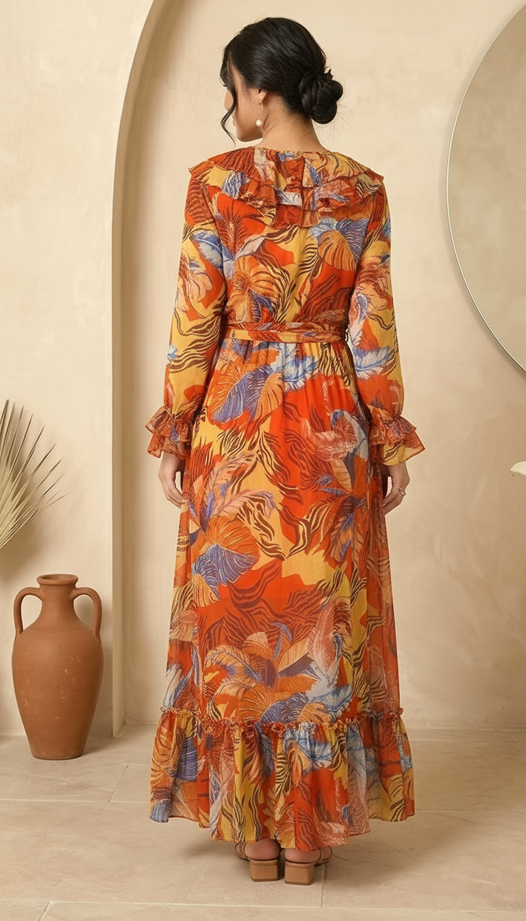 Orange Tropical Print Maxi Dress for Women | Ruffle Wrap Dress | Daylist India