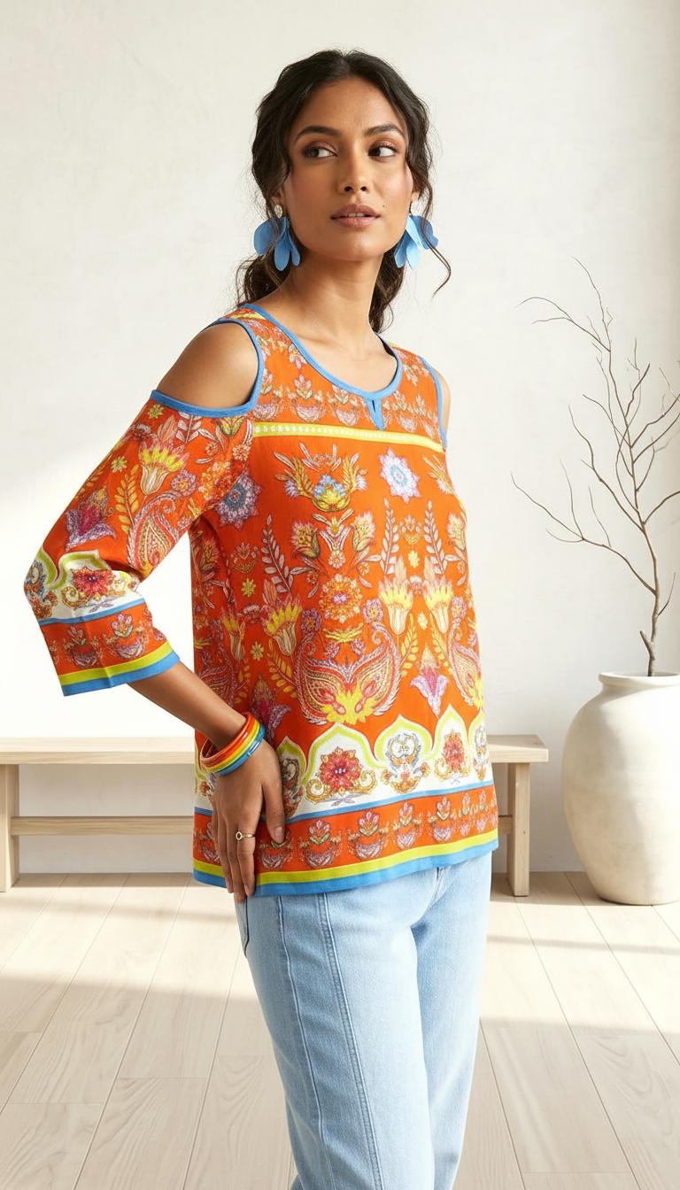 Boho-Chic Orange Paisley Cold-Shoulder Top with Contrast Piping