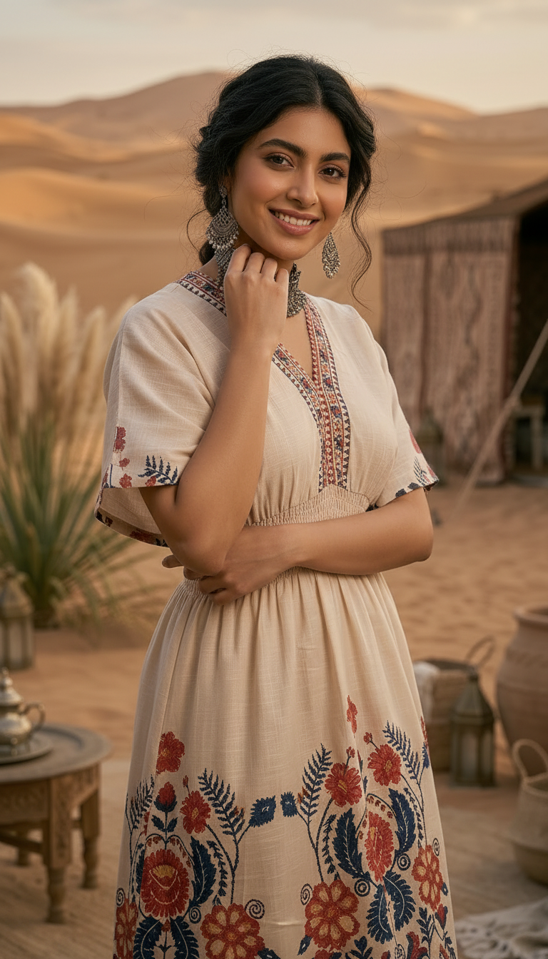 Beige Floral Boho Maxi Dress for Women | Ethnic Printed Summer Dress | Daylist