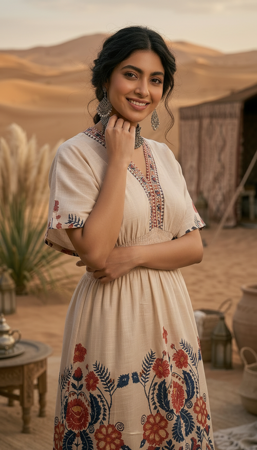 Beige Floral Boho Maxi Dress for Women | Ethnic Printed Summer Dress | Daylist