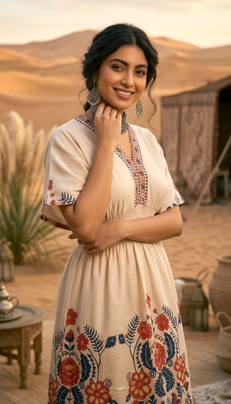 Beige Floral Boho Maxi Dress for Women | Ethnic Printed Summer Dress | Daylist