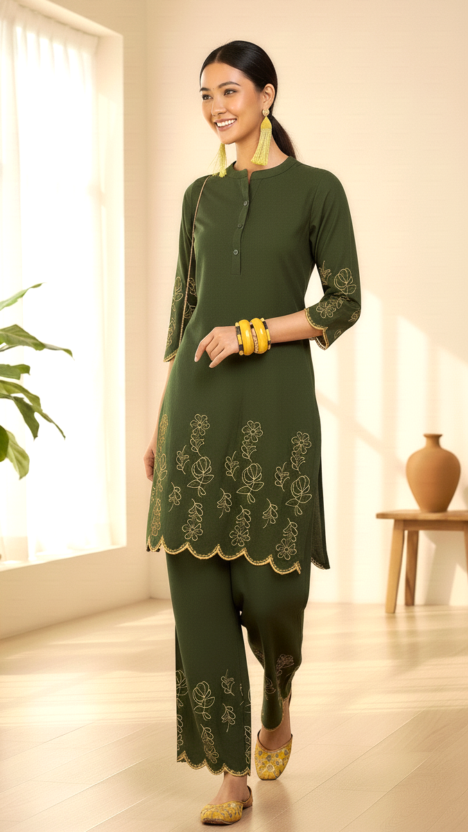 Daylist Olive Grace Embroidered Co-ord Set – Scalloped Hem Kurta with Wide-Leg Trousers