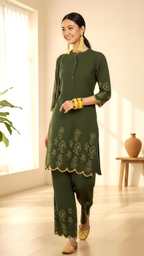 Daylist Olive Grace Embroidered Co-ord Set – Scalloped Hem Kurta with Wide-Leg Trousers
