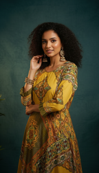 Mustard Yellow Printed Anarkali Dress for Women | Ethnic Flared Maxi Dress | Daylist