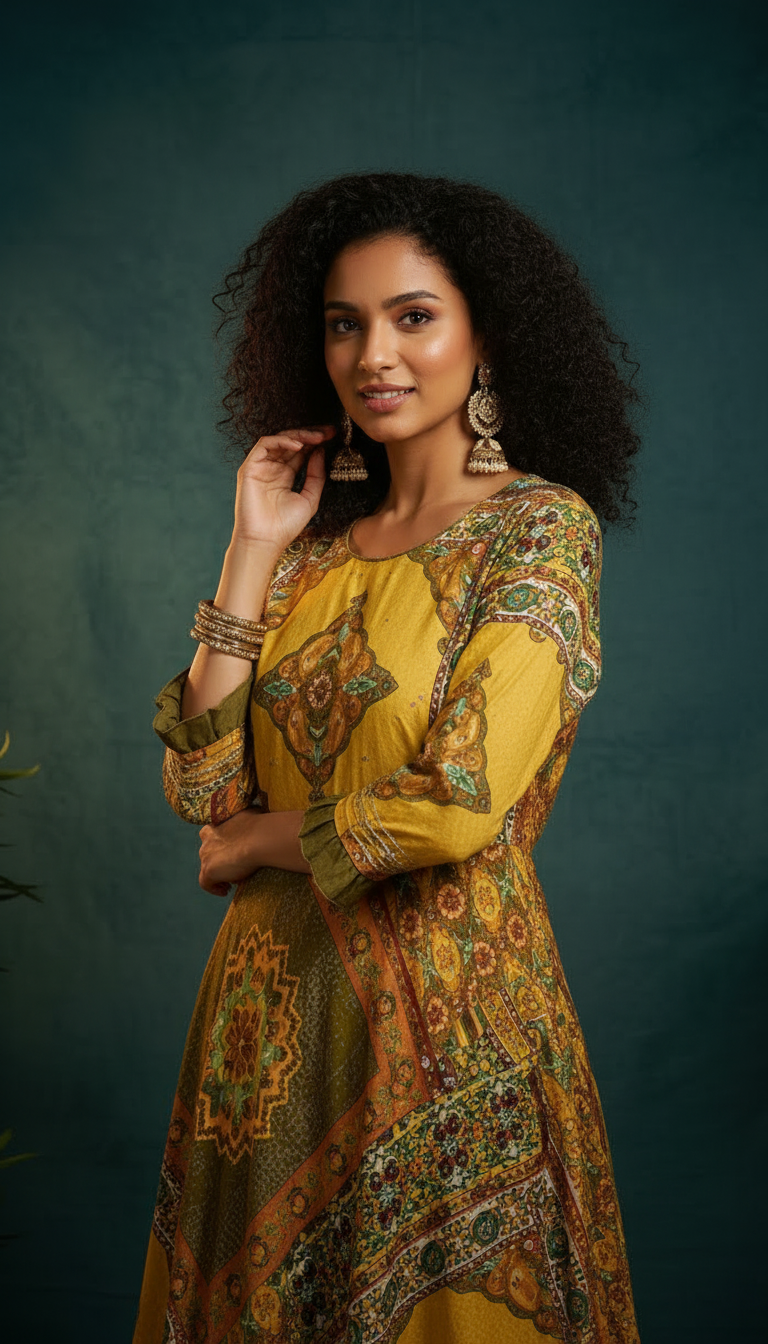 Mustard Yellow Printed Anarkali Dress for Women | Ethnic Flared Maxi Dress | Daylist