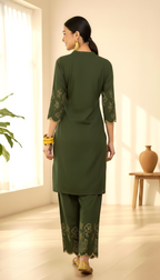Daylist Olive Grace Embroidered Co-ord Set – Scalloped Hem Kurta with Wide-Leg Trousers