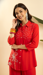 Daylist Radiant Red Embroidered Cotton-Blend Co-Ord Set – Shirt & Wide-Leg Palazzo Duo
