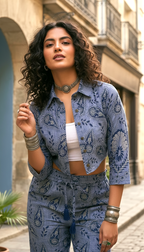 Indigo Paisley Cropped Shirt & Trouser Co-ord Set | Daylist.in