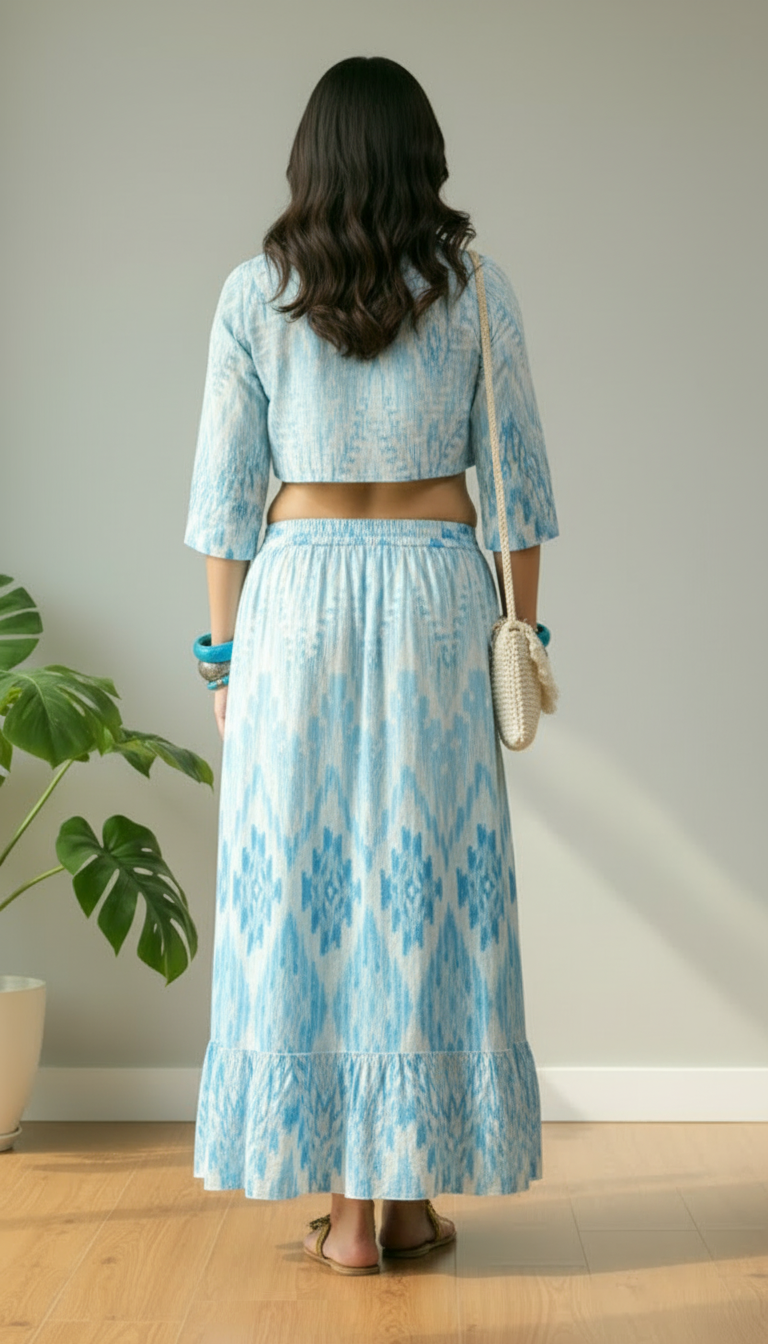 Sky Blue Ikat Print Cropped Shirt & Maxi Skirt Co-ord | Daylist.in