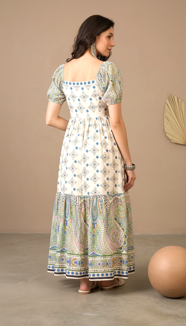 Ivory Printed A-Line Midi Dress with Paisley Border & Puff Sleeves for Women