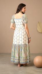 Ivory Printed A-Line Midi Dress with Paisley Border & Puff Sleeves for Women