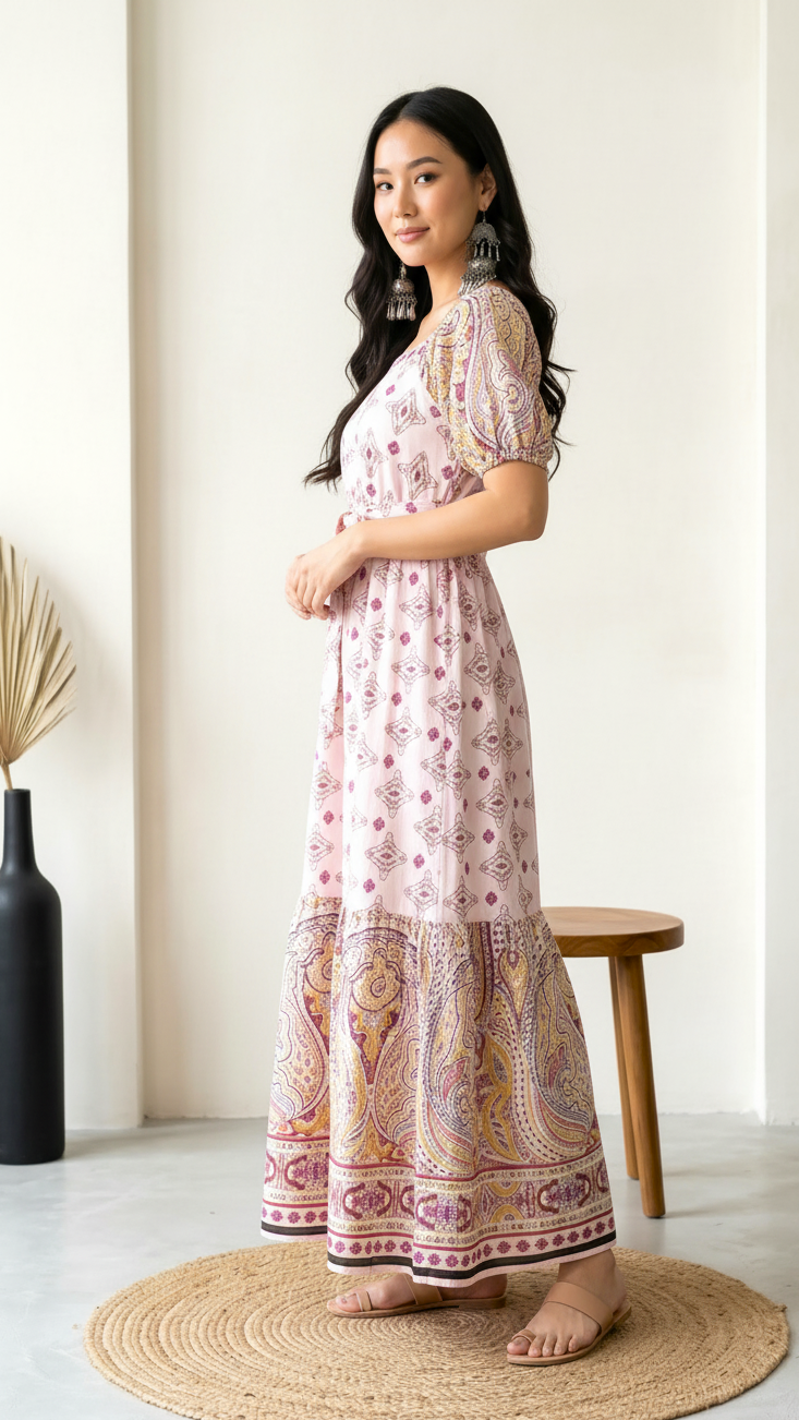 Blush Pink Printed A-Line Midi Dress with Ethnic Motifs for Women
