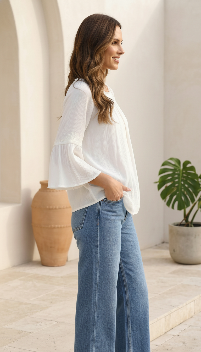 Daylist Ivory Embroidered Bell Sleeve Tunic Top