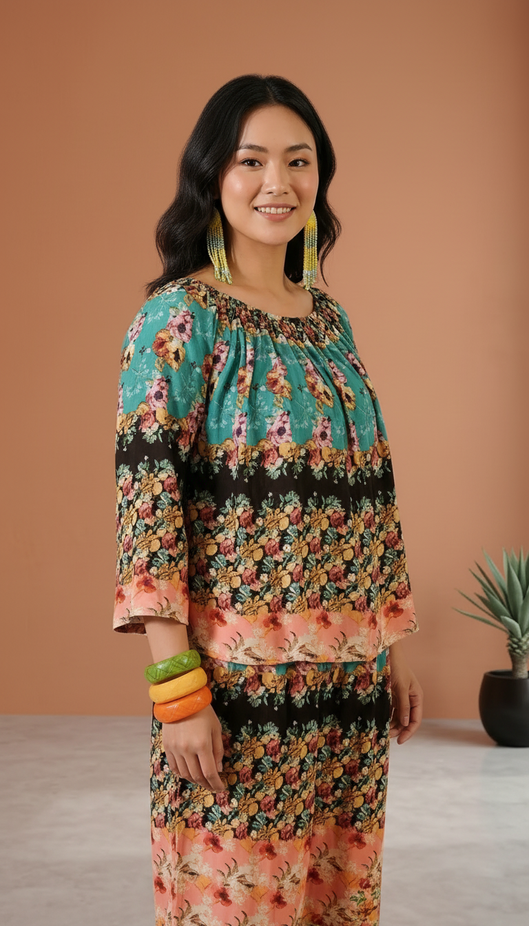 Daylist Botanical Horizon Co-ord Set – Relaxed Off-Shoulder Blouse & Wide-Leg Trouser Ensemble