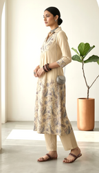 Beige Floral Embroidered Kurta Set with Shirt Collar