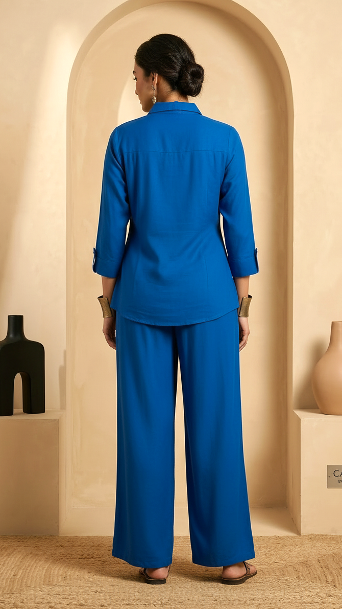 Daylist Blue Embroidered Cotton Shirt & Palazzo Co-Ord Set – 2 Piece Ethnic Lounge Wear