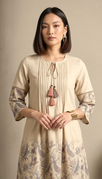 Beige Printed A-Line Kurta Set with Tassel Detail for Women