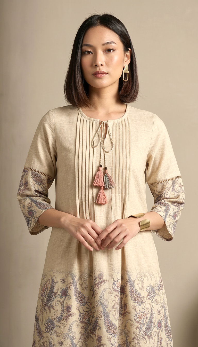 Beige Printed A-Line Kurta Set with Tassel Detail for Women