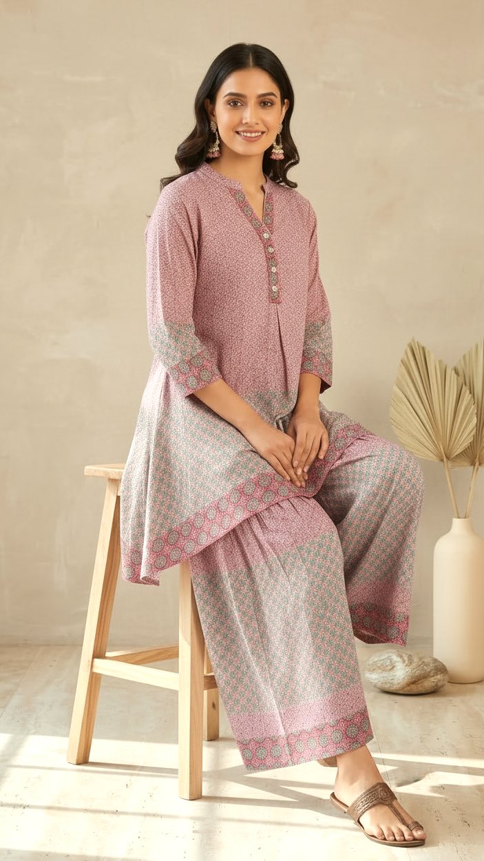 Daylist Mauve & Sage Printed Sharara Set – 2 Piece High-Low Kurti & Tiered Gharara Ensemble