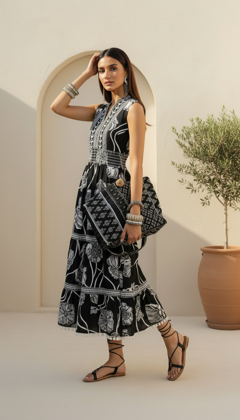 Daylist Monochrome Botanical Print Tiered Midi Dress – Sleeveless V-Neck Fusion Dress with Tassel Hem