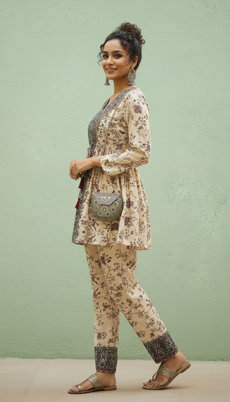Beige Printed Ethnic Co-Ord Set for Women | V-Neck Kurti with Printed Pants