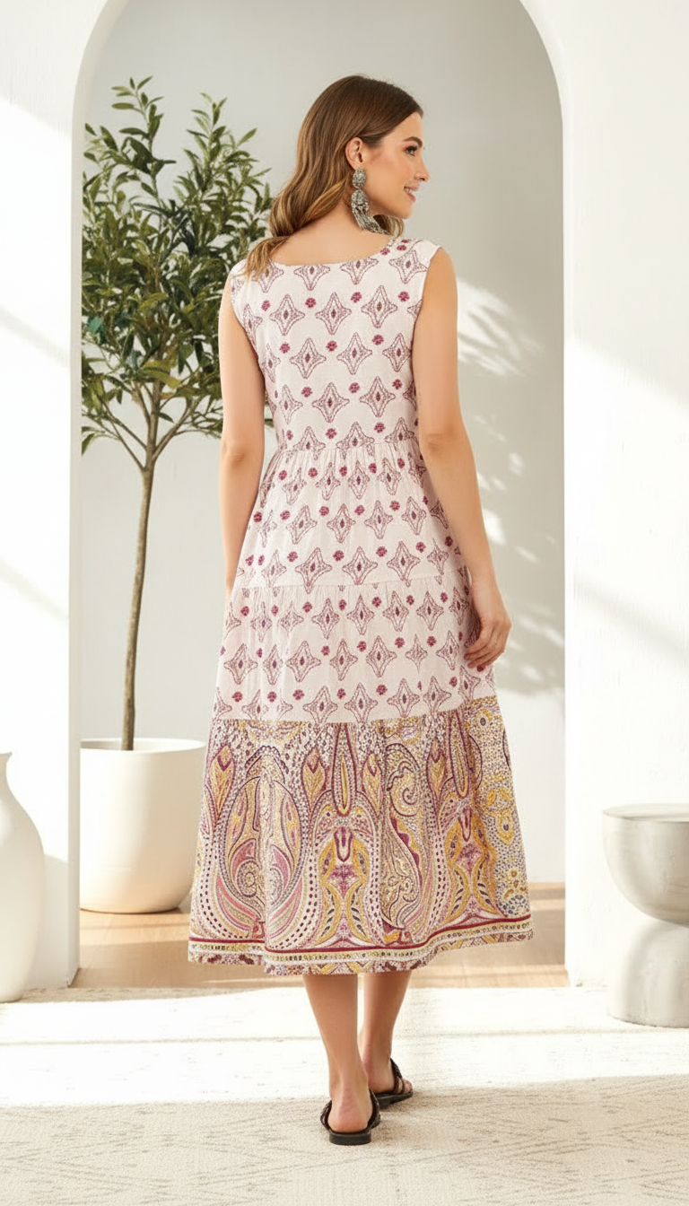 Sleeveless Cotton Mulmul Tiered Paisley Midi Dress