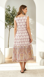 Sleeveless Cotton Mulmul Tiered Paisley Midi Dress
