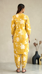 Mustard Yellow Floral Printed Kurta Set with Gathered Yoke & Tapered Pants