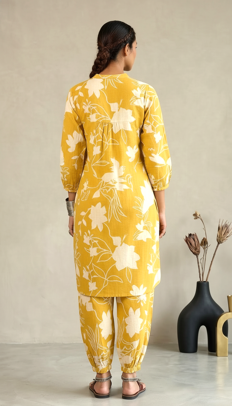 Mustard Yellow Floral Printed Kurta Set with Gathered Yoke & Tapered Pants