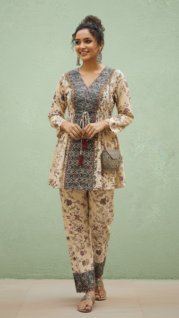 Beige Printed Ethnic Co-Ord Set for Women | V-Neck Kurti with Printed Pants