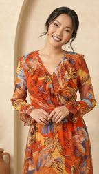 Orange Tropical Print Maxi Dress for Women | Ruffle Wrap Dress | Daylist India