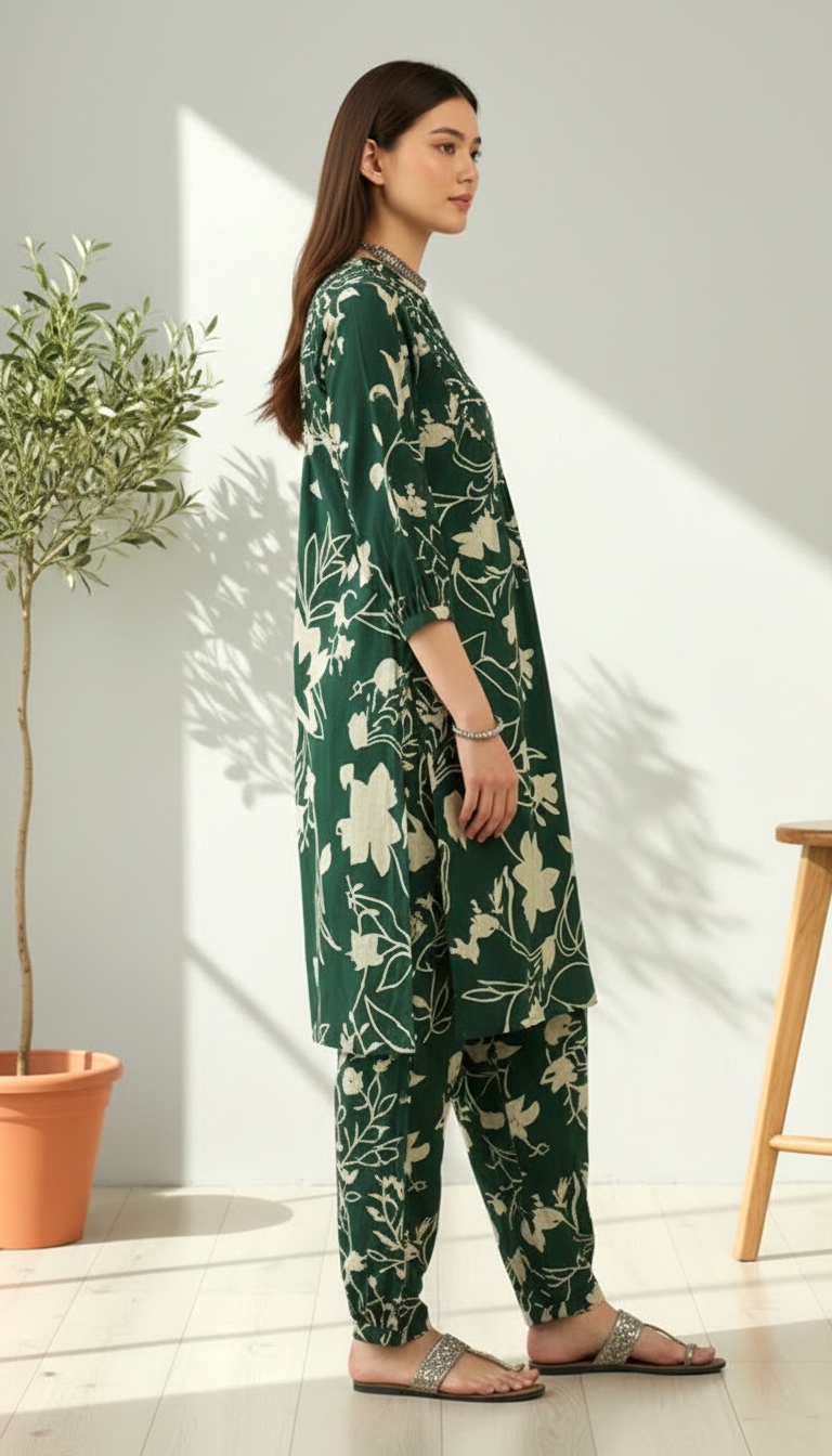 Emerald Green Floral Printed Kurta Set for Women