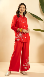 Daylist Radiant Red Embroidered Cotton-Blend Co-Ord Set – Shirt & Wide-Leg Palazzo Duo