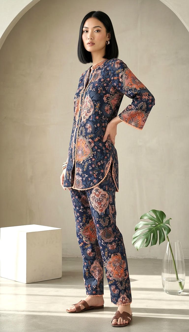 Navy Blue Printed Co-Ord Set for Women | Daylist